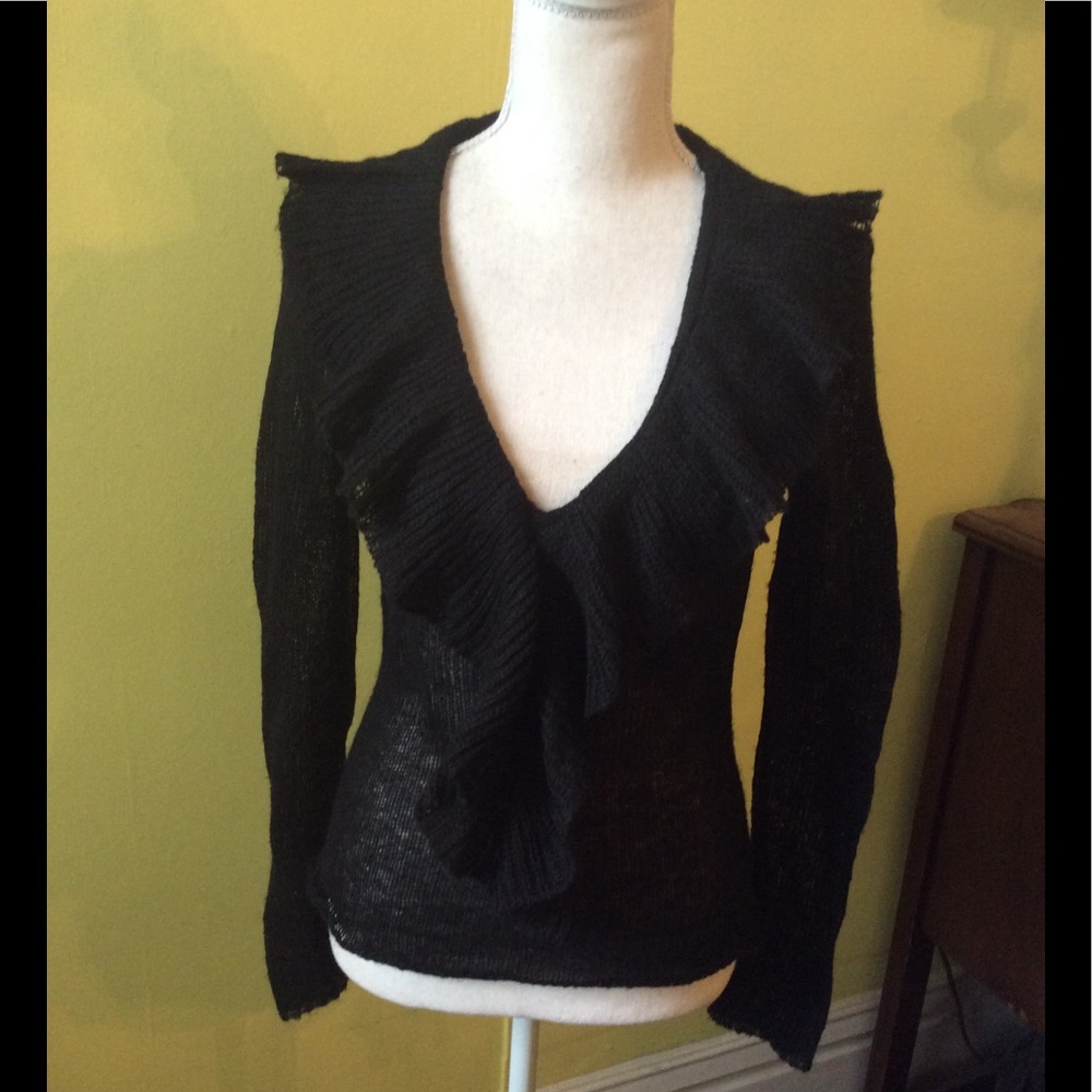 Black Mohair Blend Ruffle V Neckline Sweater sz S